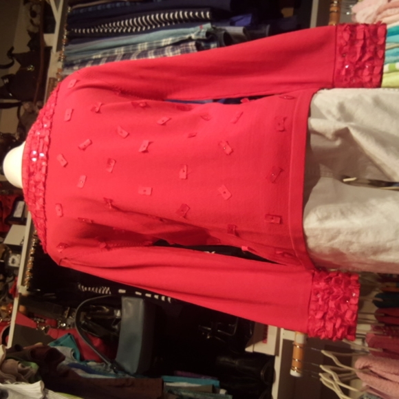 ANN TRINITY ♡ Gorgeous Red Ribbon Sequin Embellished Bling Button Front Blouse M - Picture 11 of 16